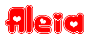 The image is a clipart featuring the word Aleia written in a stylized font with a heart shape replacing inserted into the center of each letter. The color scheme of the text and hearts is red with a light outline.