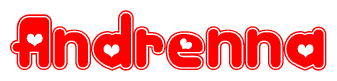 The image is a red and white graphic with the word Andrenna written in a decorative script. Each letter in  is contained within its own outlined bubble-like shape. Inside each letter, there is a white heart symbol.