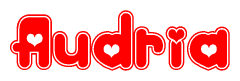 The image is a red and white graphic with the word Audria written in a decorative script. Each letter in  is contained within its own outlined bubble-like shape. Inside each letter, there is a white heart symbol.