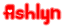 The image is a clipart featuring the word Ashlyn written in a stylized font with a heart shape replacing inserted into the center of each letter. The color scheme of the text and hearts is red with a light outline.