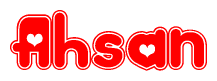 The image displays the word Ahsan written in a stylized red font with hearts inside the letters.