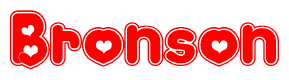 The image is a clipart featuring the word Bronson written in a stylized font with a heart shape replacing inserted into the center of each letter. The color scheme of the text and hearts is red with a light outline.