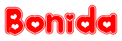 The image is a clipart featuring the word Bonida written in a stylized font with a heart shape replacing inserted into the center of each letter. The color scheme of the text and hearts is red with a light outline.
