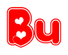 The image is a red and white graphic with the word Bu written in a decorative script. Each letter in  is contained within its own outlined bubble-like shape. Inside each letter, there is a white heart symbol.