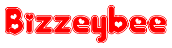 The image is a clipart featuring the word Bizzeybee written in a stylized font with a heart shape replacing inserted into the center of each letter. The color scheme of the text and hearts is red with a light outline.