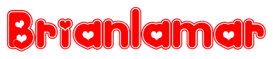 The image is a red and white graphic with the word Brianlamar written in a decorative script. Each letter in  is contained within its own outlined bubble-like shape. Inside each letter, there is a white heart symbol.