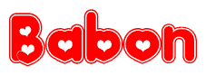 The image is a clipart featuring the word Babon written in a stylized font with a heart shape replacing inserted into the center of each letter. The color scheme of the text and hearts is red with a light outline.