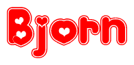 The image is a red and white graphic with the word Bjorn written in a decorative script. Each letter in  is contained within its own outlined bubble-like shape. Inside each letter, there is a white heart symbol.
