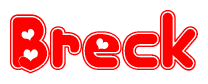 The image is a clipart featuring the word Breck written in a stylized font with a heart shape replacing inserted into the center of each letter. The color scheme of the text and hearts is red with a light outline.