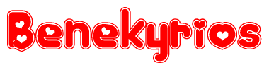 The image displays the word Benekyrios written in a stylized red font with hearts inside the letters.