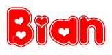 The image is a clipart featuring the word Bian written in a stylized font with a heart shape replacing inserted into the center of each letter. The color scheme of the text and hearts is red with a light outline.