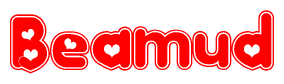 The image is a red and white graphic with the word Beamud written in a decorative script. Each letter in  is contained within its own outlined bubble-like shape. Inside each letter, there is a white heart symbol.
