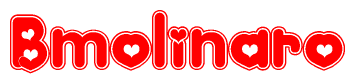 The image is a red and white graphic with the word Bmolinaro written in a decorative script. Each letter in  is contained within its own outlined bubble-like shape. Inside each letter, there is a white heart symbol.