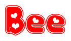 The image is a red and white graphic with the word Bee written in a decorative script. Each letter in  is contained within its own outlined bubble-like shape. Inside each letter, there is a white heart symbol.