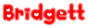 The image is a clipart featuring the word Bridgett written in a stylized font with a heart shape replacing inserted into the center of each letter. The color scheme of the text and hearts is red with a light outline.