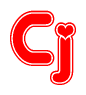The image is a red and white graphic with the word Cj written in a decorative script. Each letter in  is contained within its own outlined bubble-like shape. Inside each letter, there is a white heart symbol.