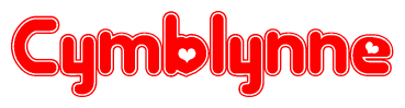 The image is a clipart featuring the word Cymblynne written in a stylized font with a heart shape replacing inserted into the center of each letter. The color scheme of the text and hearts is red with a light outline.