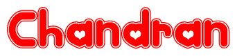The image is a red and white graphic with the word Chandran written in a decorative script. Each letter in  is contained within its own outlined bubble-like shape. Inside each letter, there is a white heart symbol.