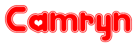 The image is a red and white graphic with the word Camryn written in a decorative script. Each letter in  is contained within its own outlined bubble-like shape. Inside each letter, there is a white heart symbol.