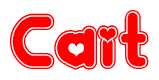 The image is a red and white graphic with the word Cait written in a decorative script. Each letter in  is contained within its own outlined bubble-like shape. Inside each letter, there is a white heart symbol.
