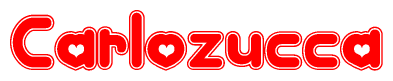 The image is a red and white graphic with the word Carlozucca written in a decorative script. Each letter in  is contained within its own outlined bubble-like shape. Inside each letter, there is a white heart symbol.