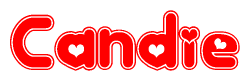 The image is a red and white graphic with the word Candie written in a decorative script. Each letter in  is contained within its own outlined bubble-like shape. Inside each letter, there is a white heart symbol.