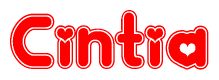 The image is a red and white graphic with the word Cintia written in a decorative script. Each letter in  is contained within its own outlined bubble-like shape. Inside each letter, there is a white heart symbol.