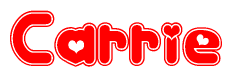 The image is a red and white graphic with the word Carrie written in a decorative script. Each letter in  is contained within its own outlined bubble-like shape. Inside each letter, there is a white heart symbol.