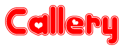 The image is a red and white graphic with the word Callery written in a decorative script. Each letter in  is contained within its own outlined bubble-like shape. Inside each letter, there is a white heart symbol.