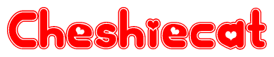The image is a clipart featuring the word Cheshiecat written in a stylized font with a heart shape replacing inserted into the center of each letter. The color scheme of the text and hearts is red with a light outline.