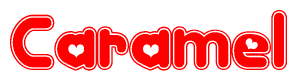 The image displays the word Caramel written in a stylized red font with hearts inside the letters.