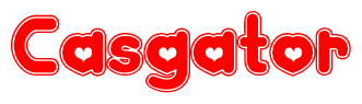 The image is a red and white graphic with the word Casgator written in a decorative script. Each letter in  is contained within its own outlined bubble-like shape. Inside each letter, there is a white heart symbol.