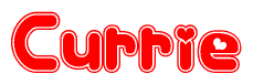 The image is a red and white graphic with the word Currie written in a decorative script. Each letter in  is contained within its own outlined bubble-like shape. Inside each letter, there is a white heart symbol.