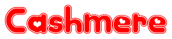 The image is a red and white graphic with the word Cashmere written in a decorative script. Each letter in  is contained within its own outlined bubble-like shape. Inside each letter, there is a white heart symbol.
