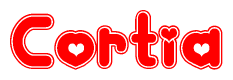 The image is a clipart featuring the word Cortia written in a stylized font with a heart shape replacing inserted into the center of each letter. The color scheme of the text and hearts is red with a light outline.