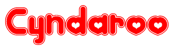The image is a clipart featuring the word Cyndaroo written in a stylized font with a heart shape replacing inserted into the center of each letter. The color scheme of the text and hearts is red with a light outline.