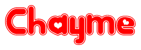 The image is a clipart featuring the word Chayme written in a stylized font with a heart shape replacing inserted into the center of each letter. The color scheme of the text and hearts is red with a light outline.