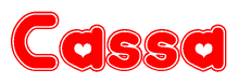 The image is a red and white graphic with the word Cassa written in a decorative script. Each letter in  is contained within its own outlined bubble-like shape. Inside each letter, there is a white heart symbol.