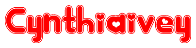 The image is a red and white graphic with the word Cynthiaivey written in a decorative script. Each letter in  is contained within its own outlined bubble-like shape. Inside each letter, there is a white heart symbol.
