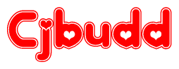 The image is a clipart featuring the word Cjbudd written in a stylized font with a heart shape replacing inserted into the center of each letter. The color scheme of the text and hearts is red with a light outline.