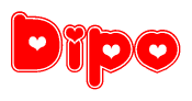 The image is a red and white graphic with the word Dipo written in a decorative script. Each letter in  is contained within its own outlined bubble-like shape. Inside each letter, there is a white heart symbol.