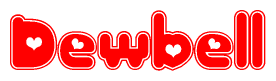 The image is a clipart featuring the word Dewbell written in a stylized font with a heart shape replacing inserted into the center of each letter. The color scheme of the text and hearts is red with a light outline.