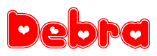 The image is a red and white graphic with the word Debra written in a decorative script. Each letter in  is contained within its own outlined bubble-like shape. Inside each letter, there is a white heart symbol.