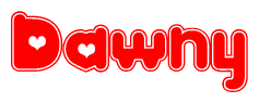 The image displays the word Dawny written in a stylized red font with hearts inside the letters.