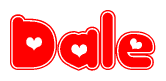 The image is a red and white graphic with the word Dale written in a decorative script. Each letter in  is contained within its own outlined bubble-like shape. Inside each letter, there is a white heart symbol.