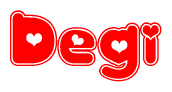 The image is a clipart featuring the word Degi written in a stylized font with a heart shape replacing inserted into the center of each letter. The color scheme of the text and hearts is red with a light outline.