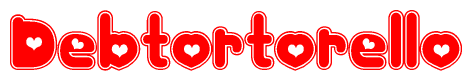 The image is a red and white graphic with the word Debtortorello written in a decorative script. Each letter in  is contained within its own outlined bubble-like shape. Inside each letter, there is a white heart symbol.