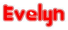 The image is a red and white graphic with the word Evelyn written in a decorative script. Each letter in  is contained within its own outlined bubble-like shape. Inside each letter, there is a white heart symbol.