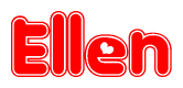 The image is a red and white graphic with the word Ellen written in a decorative script. Each letter in  is contained within its own outlined bubble-like shape. Inside each letter, there is a white heart symbol.