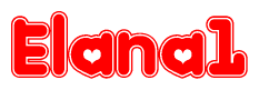 The image is a clipart featuring the word Elana1 written in a stylized font with a heart shape replacing inserted into the center of each letter. The color scheme of the text and hearts is red with a light outline.